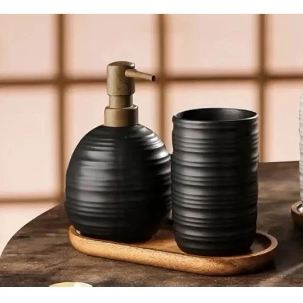 3-Piece Ceramic Bathroom Set with Acacia Wood Tray Bathroom Organizer, Black‎